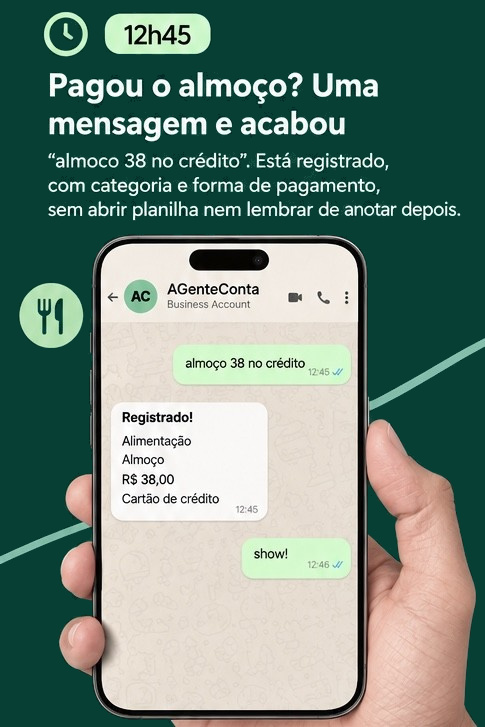 12h45 · Pagou o almoço? Uma mensagem e acabou: 'almoço 38
                      no crédito' vira um lançamento registrado, com categoria e
                      forma de pagamento.