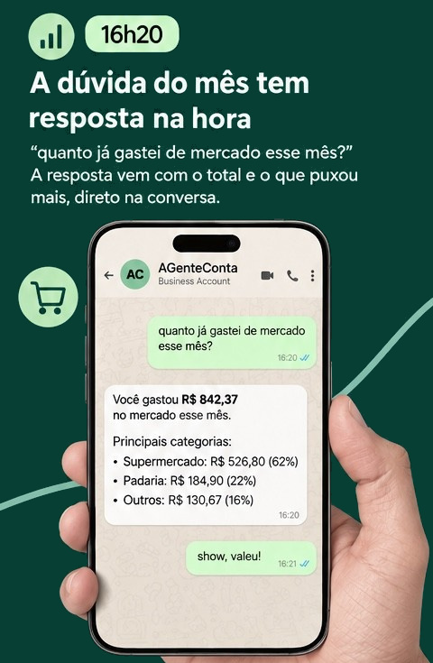 16h20 · A dúvida do mês tem resposta na hora: 'quanto já
                      gastei de mercado esse mês?' respondida com o total de R$
                      842,37 e as categorias que mais pesaram.